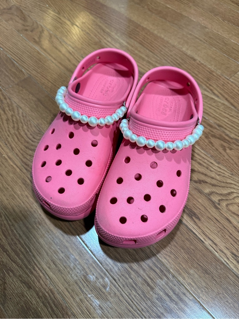 CROCS Women’s Bright Pink Platform Clogs with Pearl Strap